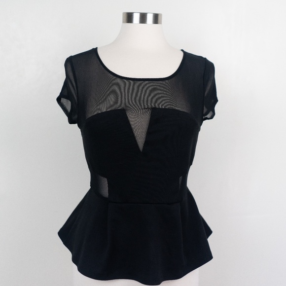 Silence + Noise Black Sheer Mesh Peplum L Top - Picture 1 of 8
